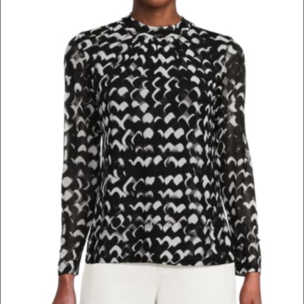 Badgley Mischka Black and White Pleated Blouse with Mandarin Collar